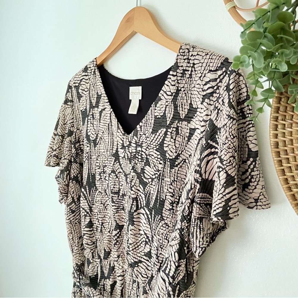 Chico’s stretch knit tie waist dress 3 XL black cream tan V neck floral flare - Picture 2 of 10